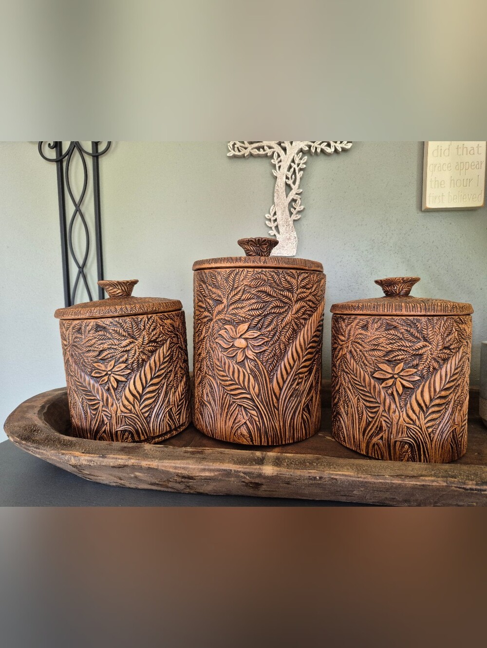 Vintage Treasure Craft Decorative Floral Embossed Canister Set - Brown